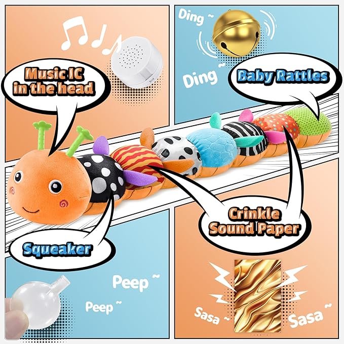 LIGHTDESIRE Baby Toys Musical Caterpillar,Stuffed Animals Infant Toys 3 6 12 Months Sensory Toys with Ruler Design,Crinkle&Rattles,Baby Teething Toy Tummy Time Boy Gifts Easter Basket Stuffer,Orange