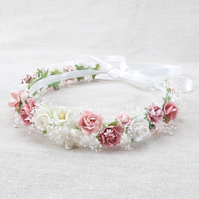 Toddler Flower Crown with Baby's Breath 1st Birthday Photo Prop Headpiece Baby Girls Floral Hair Wreath Rustic Wedding Headband for Toddler(40cm length)