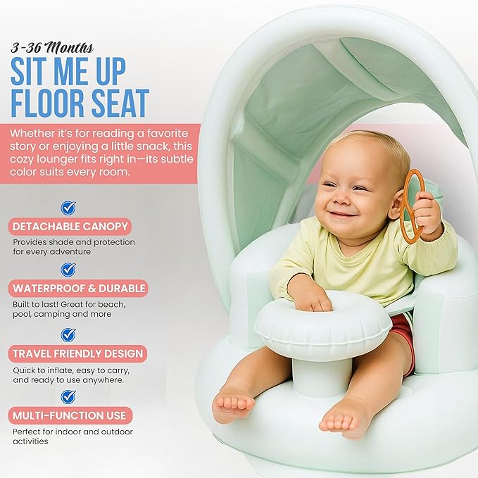 Inflatable Baby Seat for 3-36 Months w/Built-in Pump & Detachable Canopy, Sit Me Up Floor Seat for Baby w/Safety Straps, Inflatable Infant Chair, Indoor/Outdoor Blow Up Chair is Ideal Summer Gift