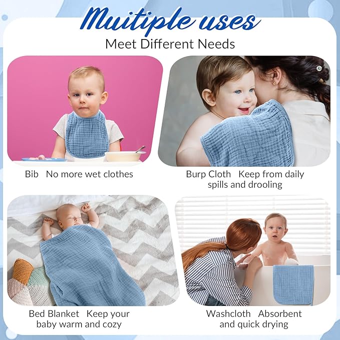 Hahafelt 6 Pcs Muslin Hooded Bath Towels Washcloths and Bibs Set, Muslin Cotton Baby Towels Absorbent Hooded Blanket Towel Infant Bibs for Boys Girls Newborn Infant Essential(Blue, Navy Blue)