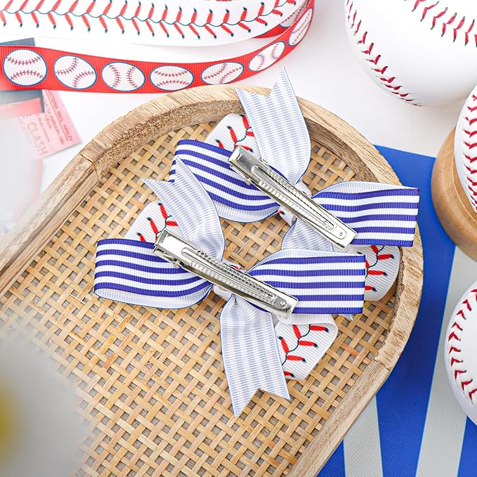 YanJie 2pcs 4'' Baseball Bow Baby Girl Hair Clips with Stripes Softball Grosgrain Ribbon Alligator Clips for Toddler Teen Girls Hair Accessories