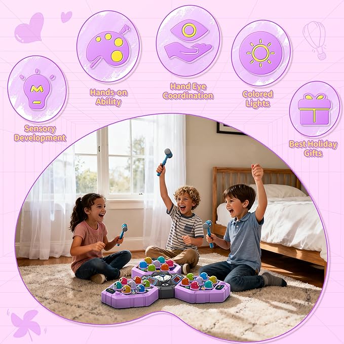 Whack Mole Game for Toddlers, Toys for 3-12 Year Old Girls Boys, Interactive Educational Multiplayer Toys with 3 Modes & 3 Hammers, Sound & Light, Birthday Xmas Gifts for 3 4 5 6+ Year Old Girls Boys