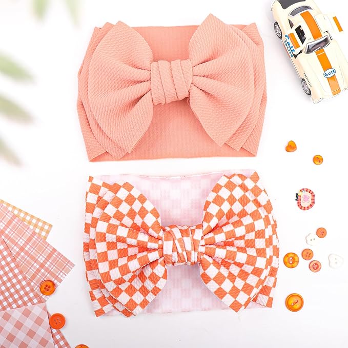 YanJie 2PCS 7’’ Orange Bows for Baby Girls Checkered Headband Double Layered Bow Infants Toddler Hair Accessories Newborn Headbands Baby Clothes