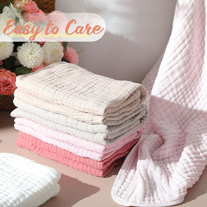 VitalCozy 12 Pcs Baby Muslin Hooded Bath Towels and Washcloths, Muslin Hooded Baby Towels Absorbent Blankets for Gift Newborn Infant Shower (Pink Beige Series)