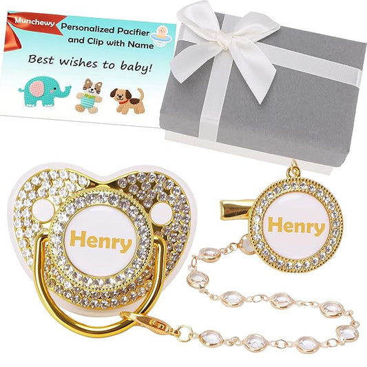 Personalized Pacifier with Name, Customized Pacifier Clip Set with Gift Box, Glitter Crystal Luxurious Soother Dummy Ideal Gift for Boys Girls Baby Shower(Gold)
