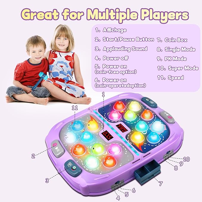 Whack Game Mole,Toys for 3+ Year Old,Birthday Gifts for 3 4 5 6 Year old Boys,Boys Toys Age 3,Toddler Gifts,2 Player Game Toy,Larger 11*15in Whack Toy with 5 Modes,9 Speeds,54 Levels and Light&Sounds