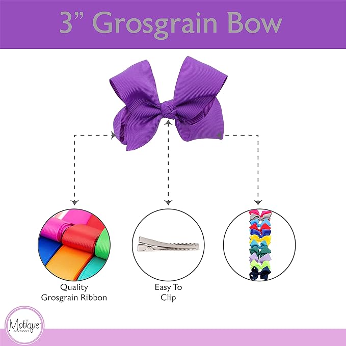 3 Inch Grosgrain Bow for Little Girls- Set of 2 (Purple)