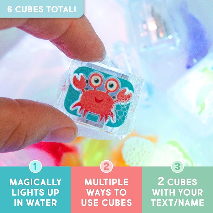 Glo Pals Personalized Ocean Theme Water-Activated Light-Up Cubes Bath Toy – 6 Pack Bath Toys for Kids, Custom Name Light Up Bath Cubes, Sensory Bath Toys for Toddlers
