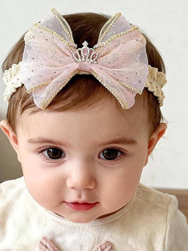 Baby Girls Hairbands Bow Lace Headband Handmade Soft Stretchy Pink Bowknot Hairbands Newborn Hairband with Bows Elastic Hair Bands for Kids Infant (Light Pink Bow)