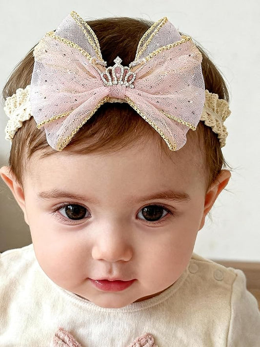 Baby Girls Hairbands Bow Lace Headband Handmade Soft Stretchy Pink Bowknot Hairbands Newborn Hairband with Bows Elastic Hair Bands for Kids Infant (Light Pink Bow)