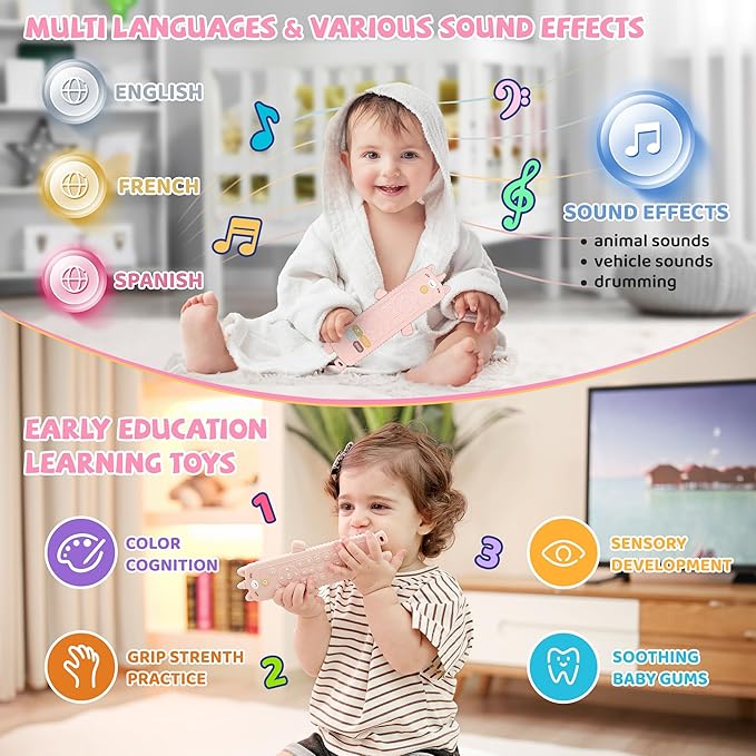 KIRALUMI Baby Remote Control Toy with Silicone Teether Cover - Baby Musical Toys, Early Number Learning in 3 Languages (English, Spanish & French), Preschool Infant Girl Toys 6, 9, 12, 18 Month.