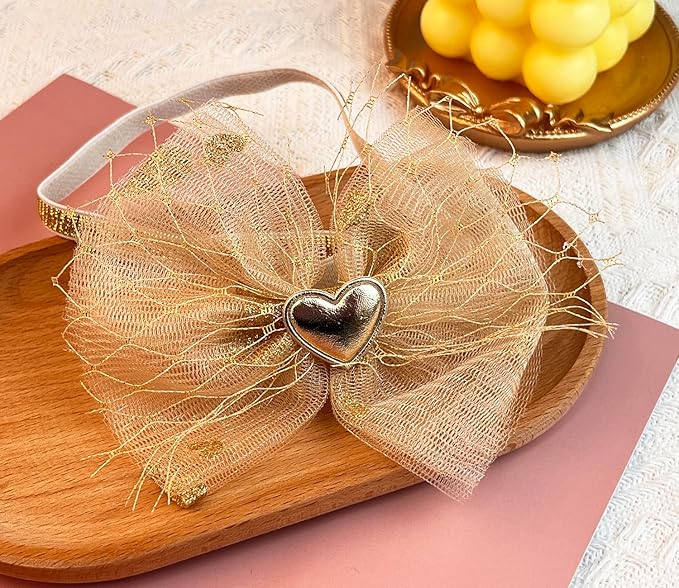 Bethynas baby girls Lace Bowknot Headband Gauze Bow Elastic Toddlers Hairband Birthday Party Princess Crown Heart Hair Accessories for Newborn Infant Baby (Gold)