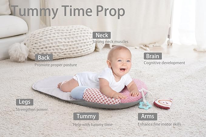 MIIMER 2-in-1 Tummy Time Baby Mat & Seated Support Pillow, Tummy Time Cushion with Detachable Support Prop and Toys, for Early Development Support for Newborns and Older Babies