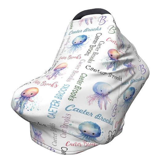 Personalized Baby Car Seat Cover with Name Stroller Canopy Custom Jellyfish Carseat Cover Newborn Baby Boy Girl Nursing Cover for Moms First Birthday Gift