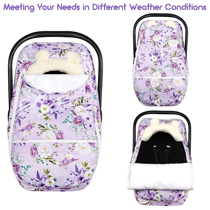 Winter Car Seat Cover Baby Girl Boy, Warm & Windproof Infant Carseat Cover Canopy Protect Baby from Cold Weather, Plush Fleece, Purple Floral
