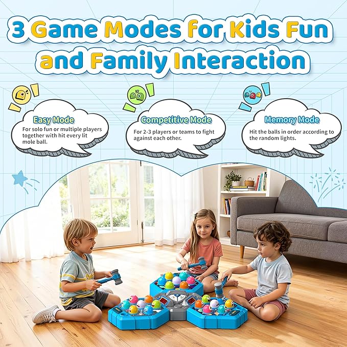 WAYKEE Whack a Game Mole, Toys for 3 4 5 6+ Year Old Boys Girls, Whack a Game for Kids, Gifts for 3-12 Year Old Boys Girls, Interactive Educational Toys with Multiplayer Hammers Sound and Light