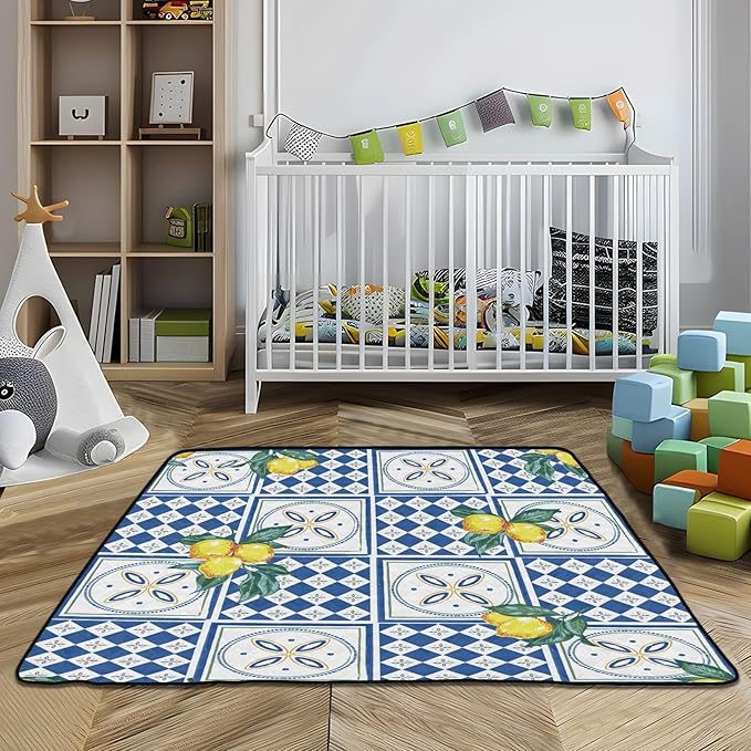 Baby Play Mat Geometric Lemons and Ceramic 50 x 50 Playpen Mat Baby Play Mats for Floor Play Gym Crawling Mat Non-Slip Cushioned Baby Playmat for Infants, Babies, Toddlers