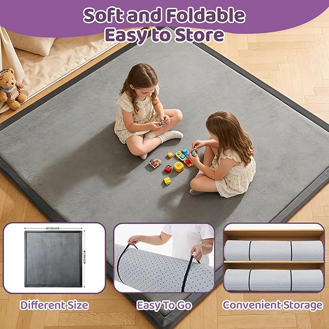 Baby Play Mat for Floor, 1.3 Inch Thick Memory Foam Tummy Time Mat with Non Slip Backing, Soft Coral Velvet 59X71 Inch Playpen Mat Crawling Tatami for Infants Toddlers Kids, Dark Gray