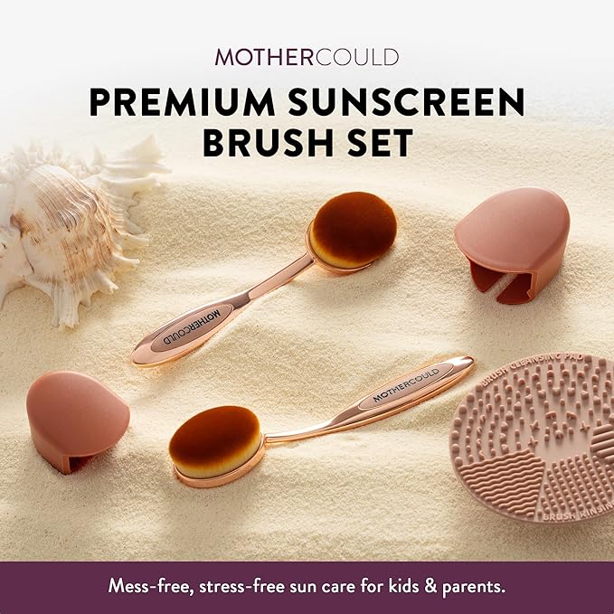 Mothercould Premium Sunscreen Brush Set Kids & Baby Sunblock Applicator with Metal Handles, Travel Bag, 2 Brushes, 2 Caps, & Cleaning Mat Mess-Free Sun Care (2 Pack) (Rose Gold)