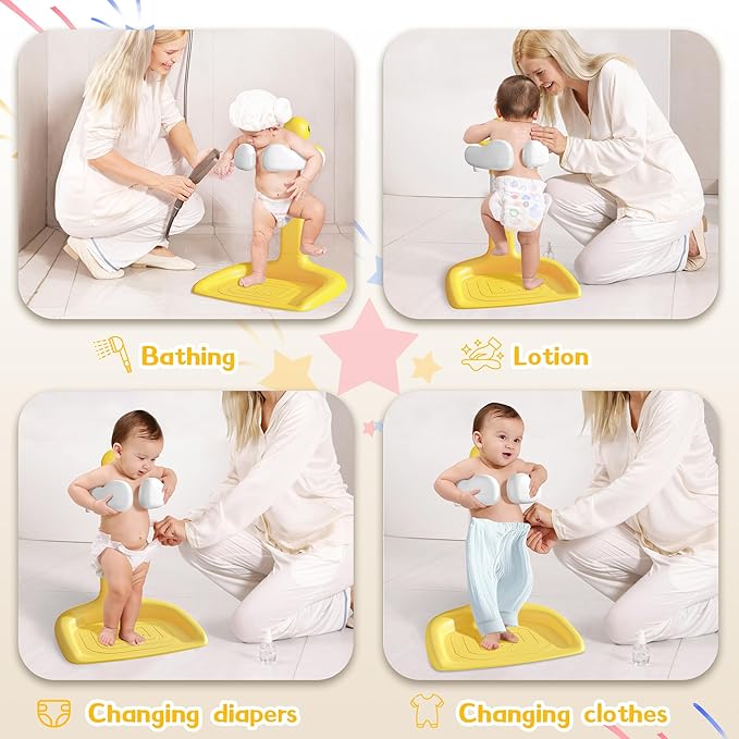 JUNEU Baby Shower Stand, Adjustable Height Baby Bath Stand with Enlarged Anti-Slip Base, Toddler Shower Standing Support, Soporte para Bañera de Bebe, Ideal Gift for Infant 6–36 Months (Yellow Duck)
