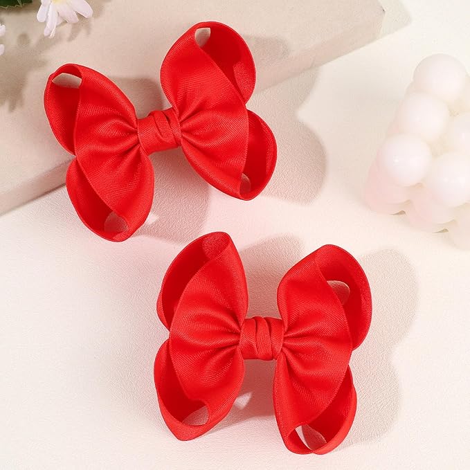 OAOLEER 2PCS 3.5inch Hair Bows for Girls，Red Stain Ribbon Hair Bows Alligator Clips Hair Accessories for Back To School Teen Toddler Girls Kids (Red)