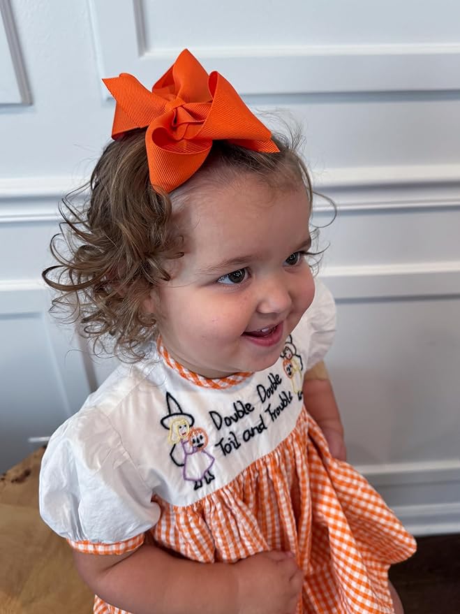 Wee Ones Girls' Classic Grosgrain Hair Bows with Plain Wrap Center, No-Slip Hair Clip, Handmade, Orange, Medium