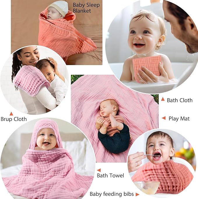 VitalCozy 6 Pcs Baby Muslin Hooded Bath Towels and Washcloths, Muslin Hooded Baby Towels Absorbent Blankets for Gift Newborn Infant Shower (Pink,Orange)