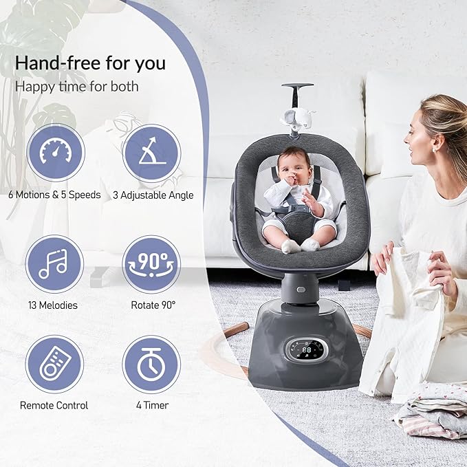 VaVaSoo Electric Baby Swing for Infants Mamroo with Remote Control, Rocker with 6 motions, 5 Speeds, 13 Music Include White Noise, 5 Point Harness, 3 Seat Positions for Newborn Boy Girl Max 20 Lbs
