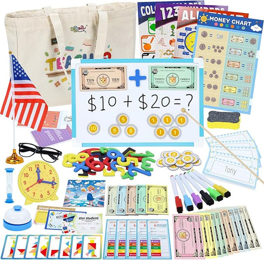 Gifts2U Pretend Teacher Playset for Kids, Play School Toys for Girls Boys with Teacher Bag, Whiteboard, Play Money, Learning Clock, Educational Posters and Play Teaching Supplies
