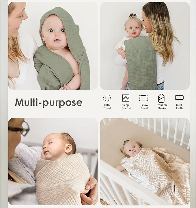 MairMore Muslin Baby Towels with Hood for Newborn 100% Cotton Baby Bath Towels Soft & Absorbent Hooded Baby Towel for Boys and Girls, Large Size - 32 * 32 Inches