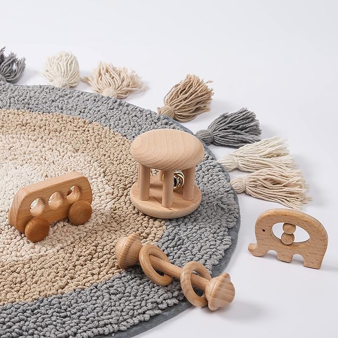 Organic Wooden Baby Rattle Toy Montessori Rattle Roller Waldorf Inspired Grasping Toddler Toys