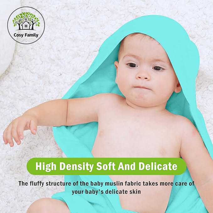 Cosy Family 3 Pack Baby Hooded Towels, Rayon Made from Bamboo, Soft Unisex Bath Towels for Babies,Toddler,Infant - Newborn Essential - Ultra Absorbent Toddler Towels for Baby Boy Girl - Aquamarine