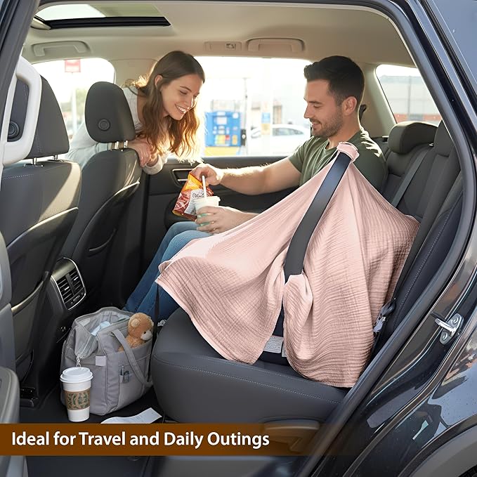 100% Organic Muslin Cotton Car Seat Cover 35 x 50 Inches Soft Touch Breathable Canopy, Protective Car Seat Cover Baby All Seasons Lightweight Car Seat Cover Travel Comfort (Pink)