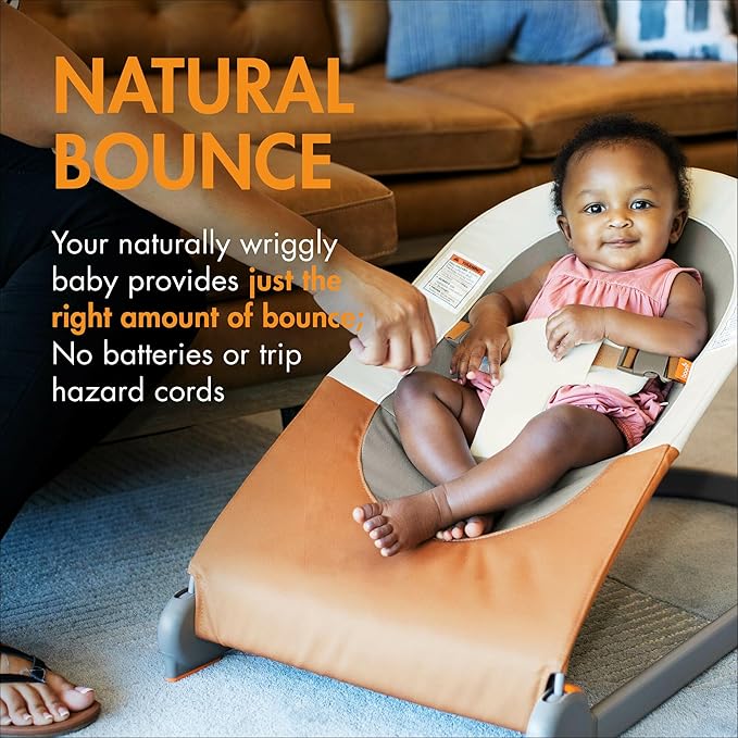 Boon Slant Portable Baby Bouncer - Folding Baby Seat for Infants - Lightweight Portable Baby Chair with Machine Washable Fabric and 3-Point Harness - Tan
