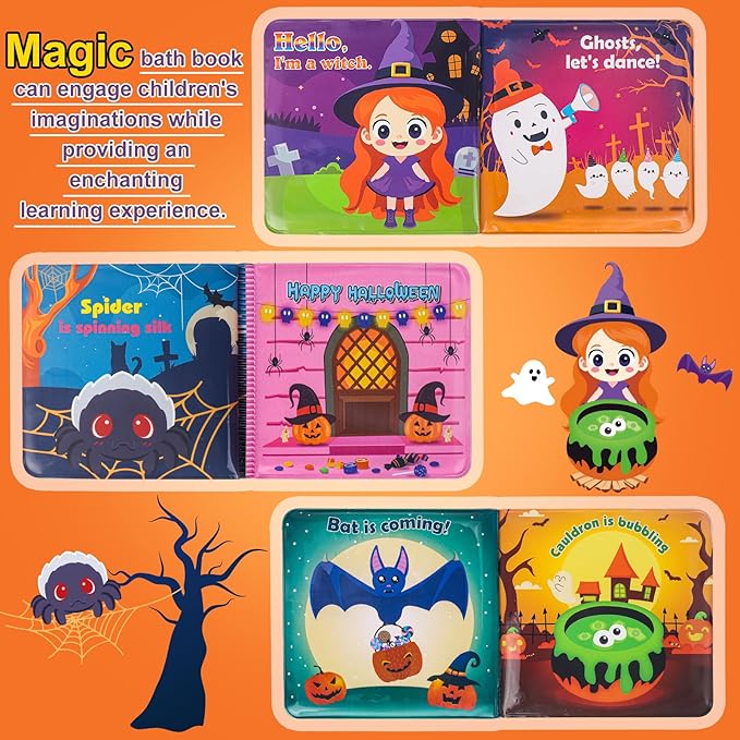 Halloween Light Up Bath Toys for Toddlers Kids, 7PCS No Hole Bath Toys with Magic Book, Witch,Cauldron,Bat, Ghost, Pumpkin, Spider, Halloween Party Favors Treat Bags Gift for Boys Girls Ages 3+