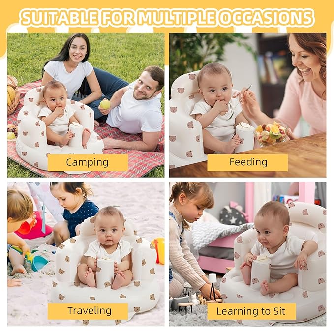 AGITVPS Inflatable Seat for Babies 3-36 Months, Built in Air Pump Baby Chair Sit Me up Floor Seat for Baby, Bumbo Seat for Learning to Sit, Feeding, Camping (Bear)