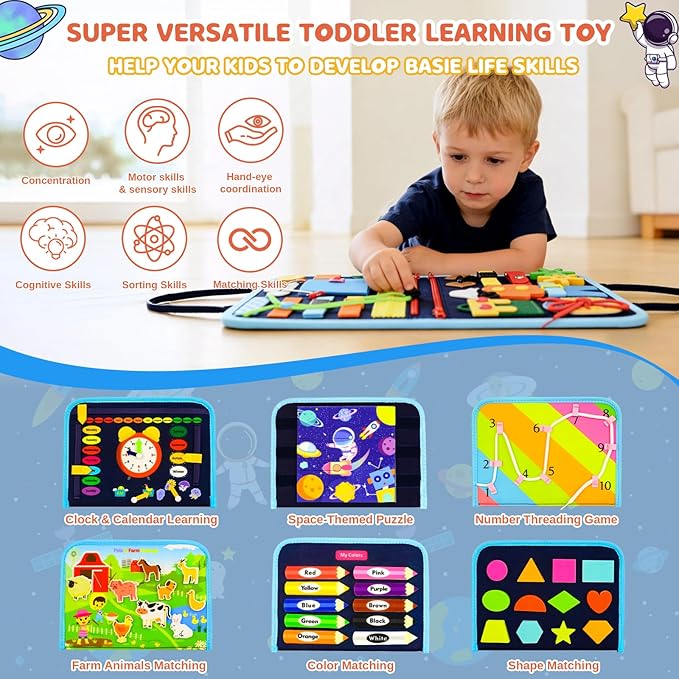 Toddler Busy Board Montessori Toys for Toddler 1-3 Year Old, Boy Birthday Gifts, Preschool Educational Montessori Busy Book Board, Felt Sensory Activity Board Sorting Toy Age 2-4 with Fine Motor Skill