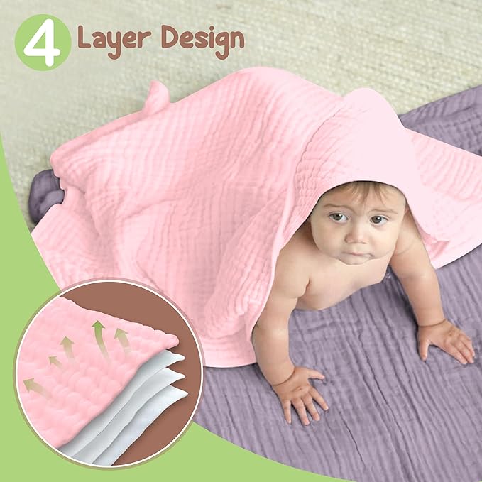 100% Organic Cotton Muslin Baby Hooded Towels - 32x32 Inch, 2 Pack Newborn Bath Towels for Boys & Girls, Soft & Absorbent Bath Set (Light Pink/Light Purple)