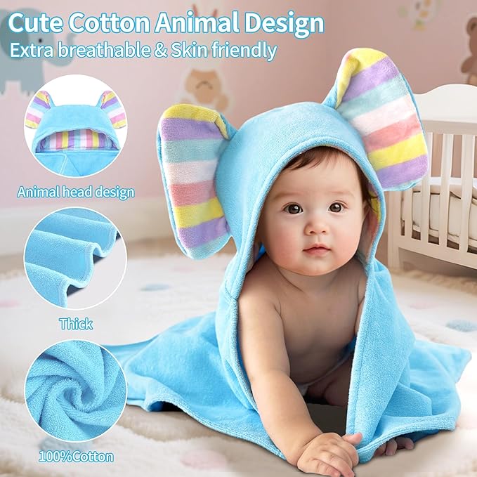 VOOVA & MOVAS Blue Baby Bath Towel with Cute Elephant Ears Hood – 33" x 31.5", 420GSM, 100% Cotton – Super Absorbent & Thick – for 0–18 Months Newborn, Toddler, Infant, Baby Essentials