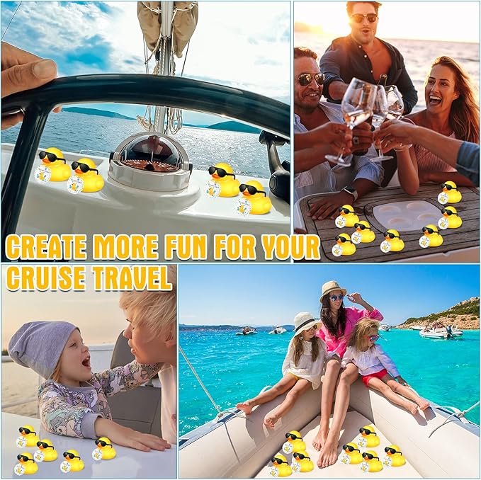 Chivao 12 Pcs Mini Rubber Ducks with Sunglasses/ Glasses and Hats/ Necklace, Cruise Rubber Ducks in Bulk Valentine Gift Small Bathtub Toy for Hiding Party Favor(Card Style,Yellow)