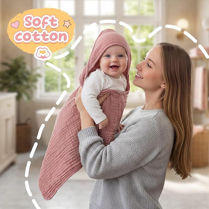 Breling 12 Pcs Muslin Hooded Baby Bath Towel, Hand Towels and Washcloth Set, 36"x 36" Cotton Newborn Bath Towel Cotton Absorbent Blanket Unisex Newborn Gift Essentials for Girl Boy (Pink Series)