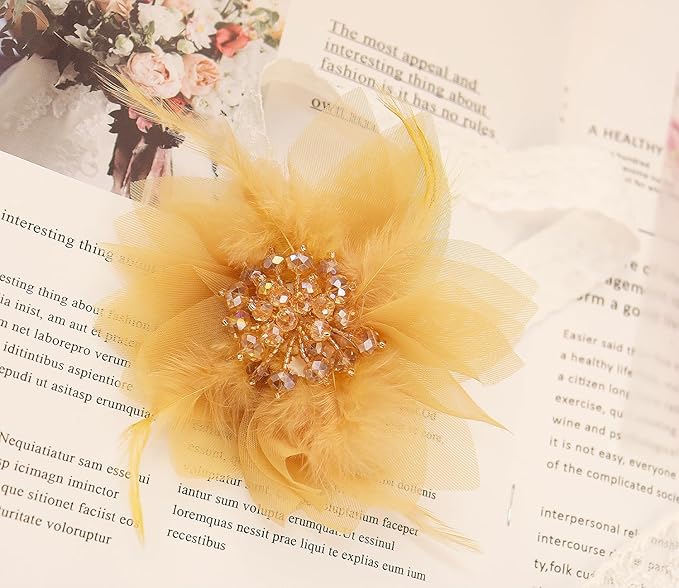 Bethynas Baby Girls Lace Feather Headband Beads Gauze Flower Elastic Toddler Hairband Birthday Party Princess Hair Accessories for Newborn Infant (Gold)