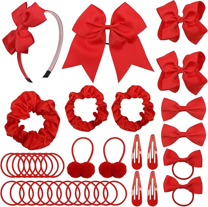 LACGO Pack of 37 School Uniform Hair Bow Accessories - Christmas Grosgrain Hair Clips Bow Headband Ribbon Alligator Ponytail Holder for Toddlers Teen Girls Christmas Party Prom (Red)