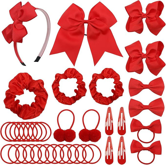 LACGO Pack of 37 School Uniform Hair Bow Accessories - Christmas Grosgrain Hair Clips Bow Headband Ribbon Alligator Ponytail Holder for Toddlers Teen Girls Christmas Party Prom (Red)