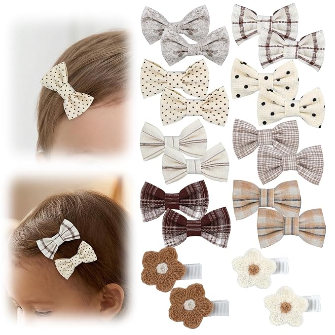 20 Pcs Baby Hair Clips Handmade Bows for Baby Girl Hair Accessories Cotton Fully Lined Clips Non Slip Barrettes for Fine Cute Tiny Bows Barrettes for Infants Toddlers, and Little Girls