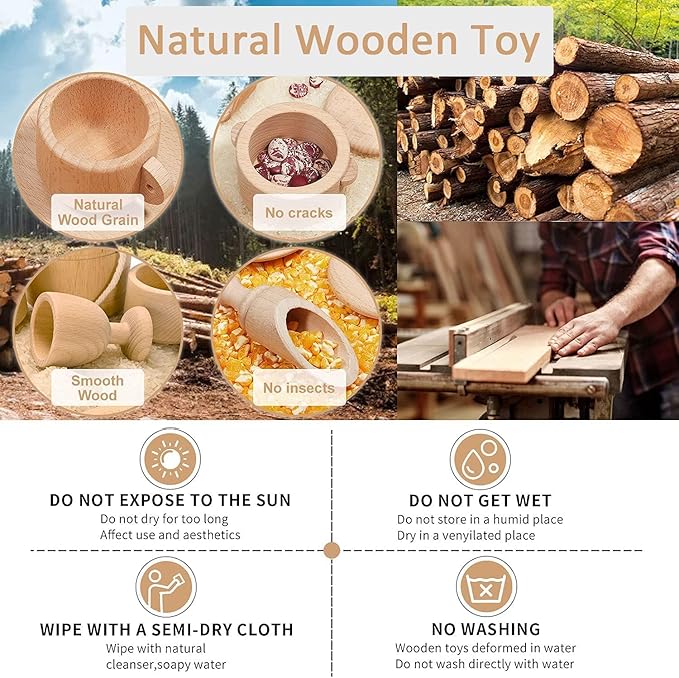Montessori Sensory Bin Toys for 1 Year Old Toddlers, 11pcs Wooden Waldorf Toys - Wooden Scoops and Tongs for Transfer Work and Fine Motor Skills Development