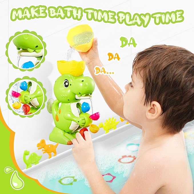 EKU Dinosaur Bath Toys for Kids Toddler Age 18months+ Mold Free Water Wheels and Fishing Games Bathtub Tub Bath Time Play Girls Boys Color Sound Movement Interactive