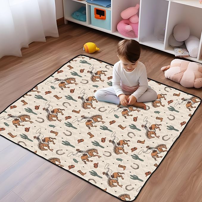 Baby Play Mat Cactus Cowboy Horse Plant 50" X 50" Play Gym Crawling Mat Soft Non-Slip Portable Picnic Floor Mat for Infant, Babies, Toddler, Kids