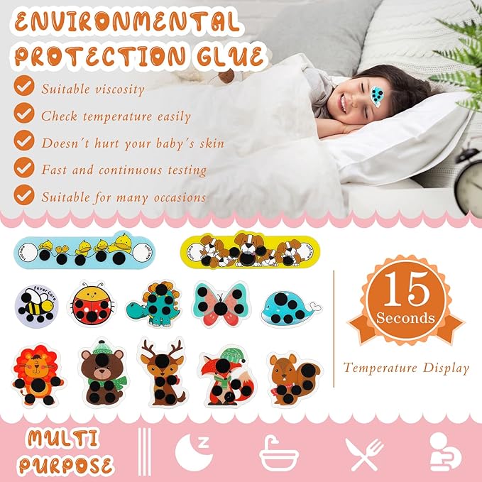 12 pcs Stick-on Fever Indicator Forehead Fever Kids Cartoon Stickers Temperature Fever Patch