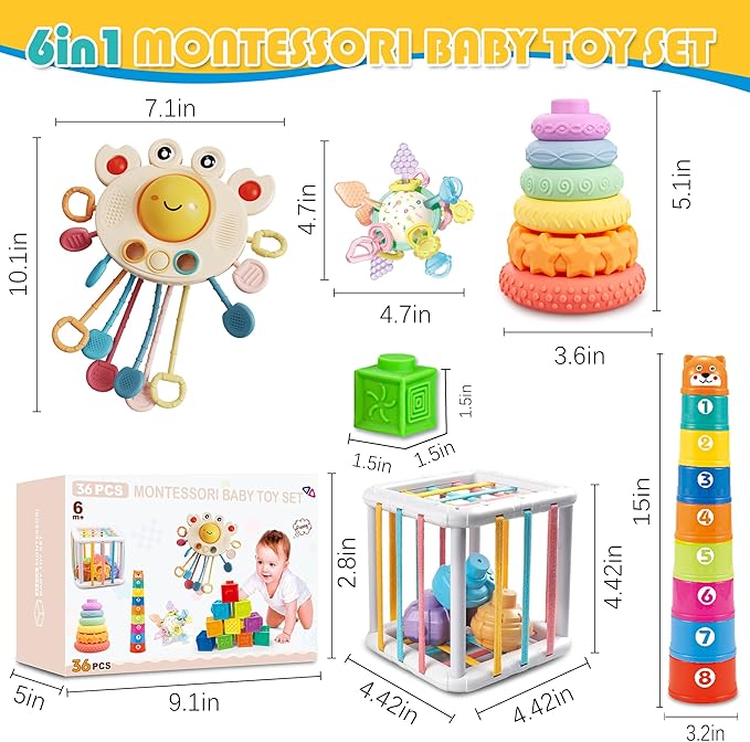 6 in1 Montessori Baby Toys 6-12 Months，Montessori Toy for Babies 6-12 Months，Incl 12pc Building Blocks &Silicone Pull String & Sensory Cube & Manhattan Ball& 2 Stacking Toys. Baby Development Toys